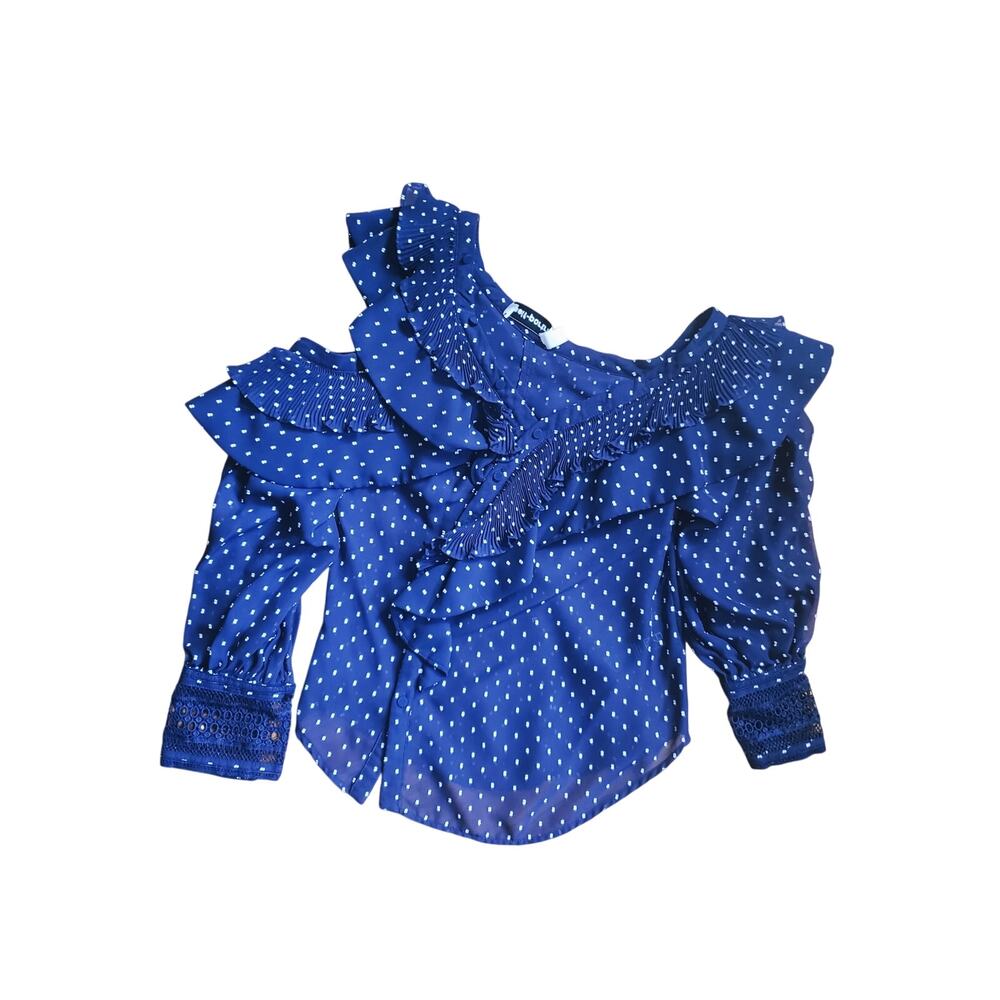 Self-Portrait Plumetis Frill One Shoulder Blouse Navy Blue Polka Dot Size 4